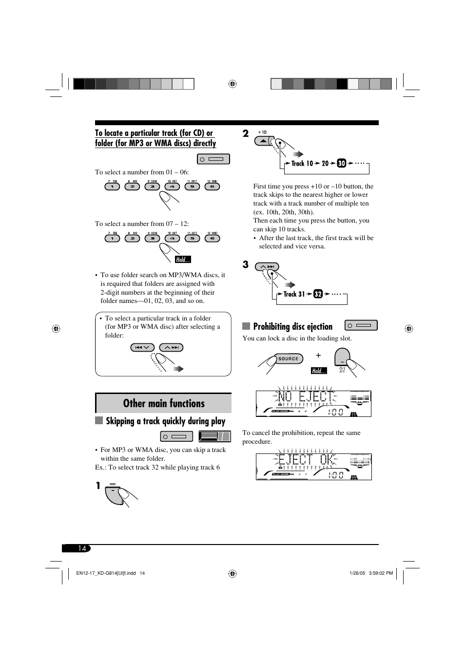 Other main functions, Skipping a track quickly during play, Prohibiting disc ejection | JVC KD-G814 User Manual | Page 14 / 34