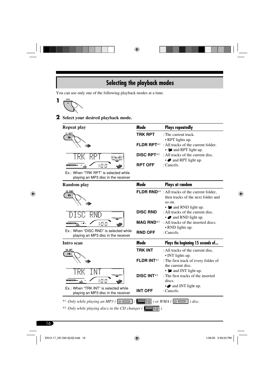 Selecting the playback modes | JVC KD-G814 User Manual | Page 16 / 34