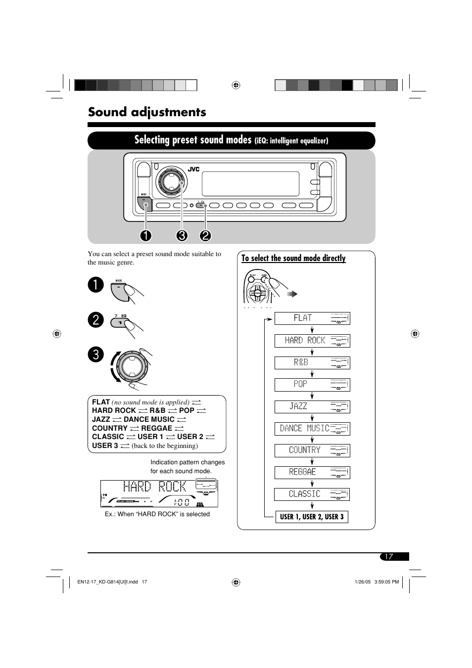 Sound adjustments, Selecting preset sound modes | JVC KD-G814 User Manual | Page 17 / 34