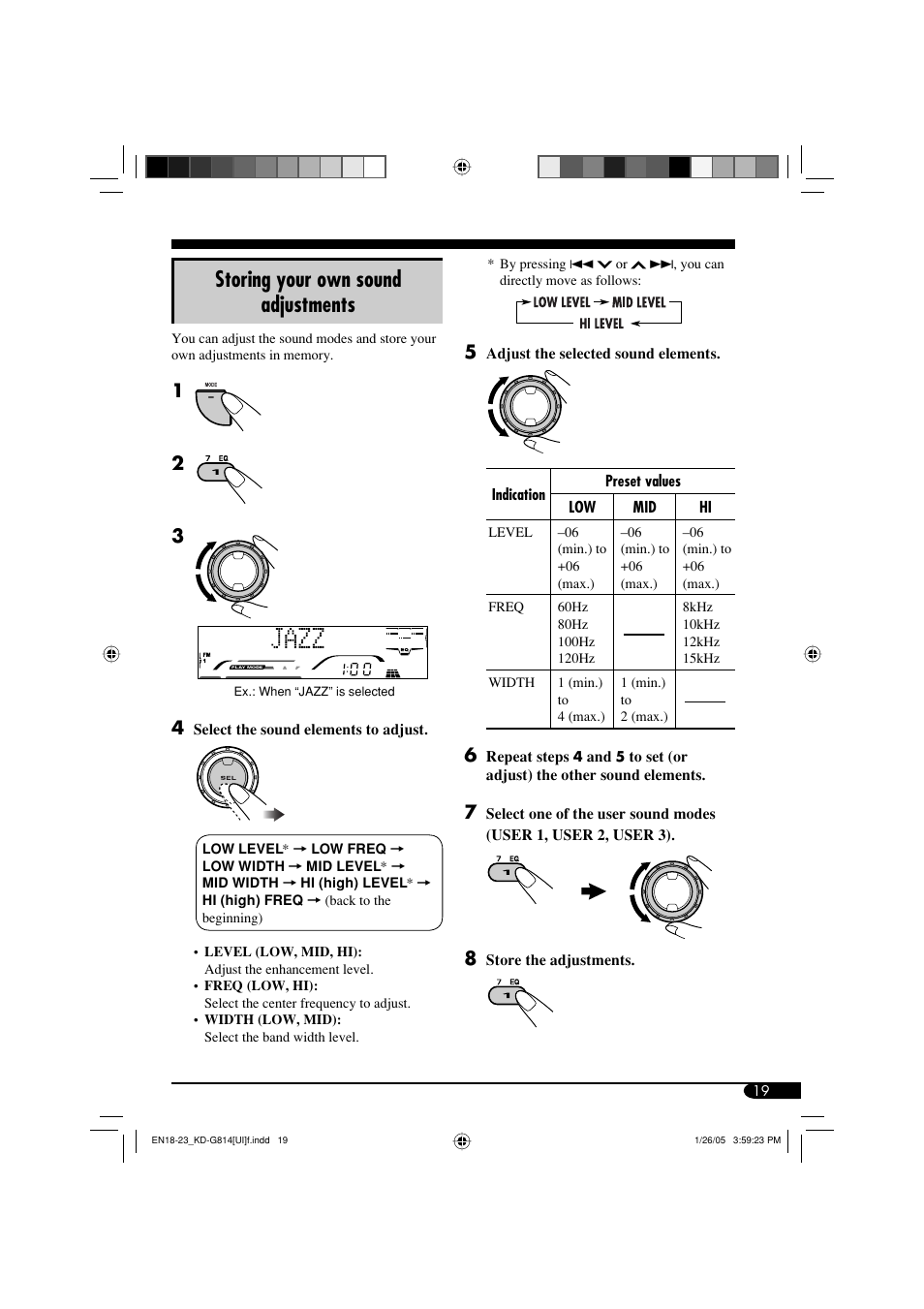 Storing your own sound adjustments | JVC KD-G814 User Manual | Page 19 / 34