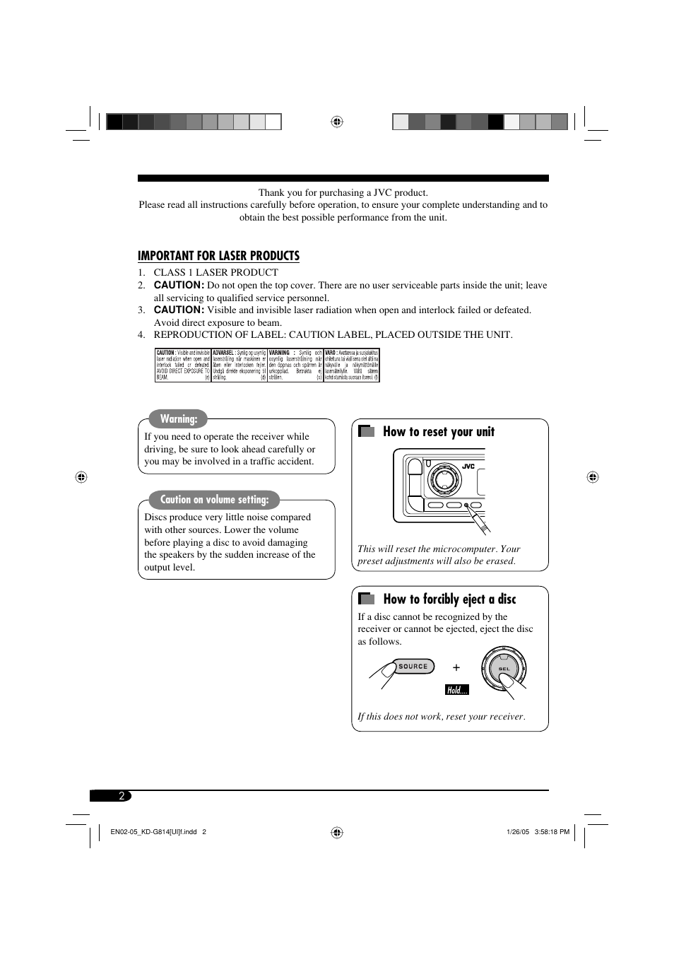 Important for laser products, How to reset your unit, How to forcibly eject a disc | JVC KD-G814 User Manual | Page 2 / 34