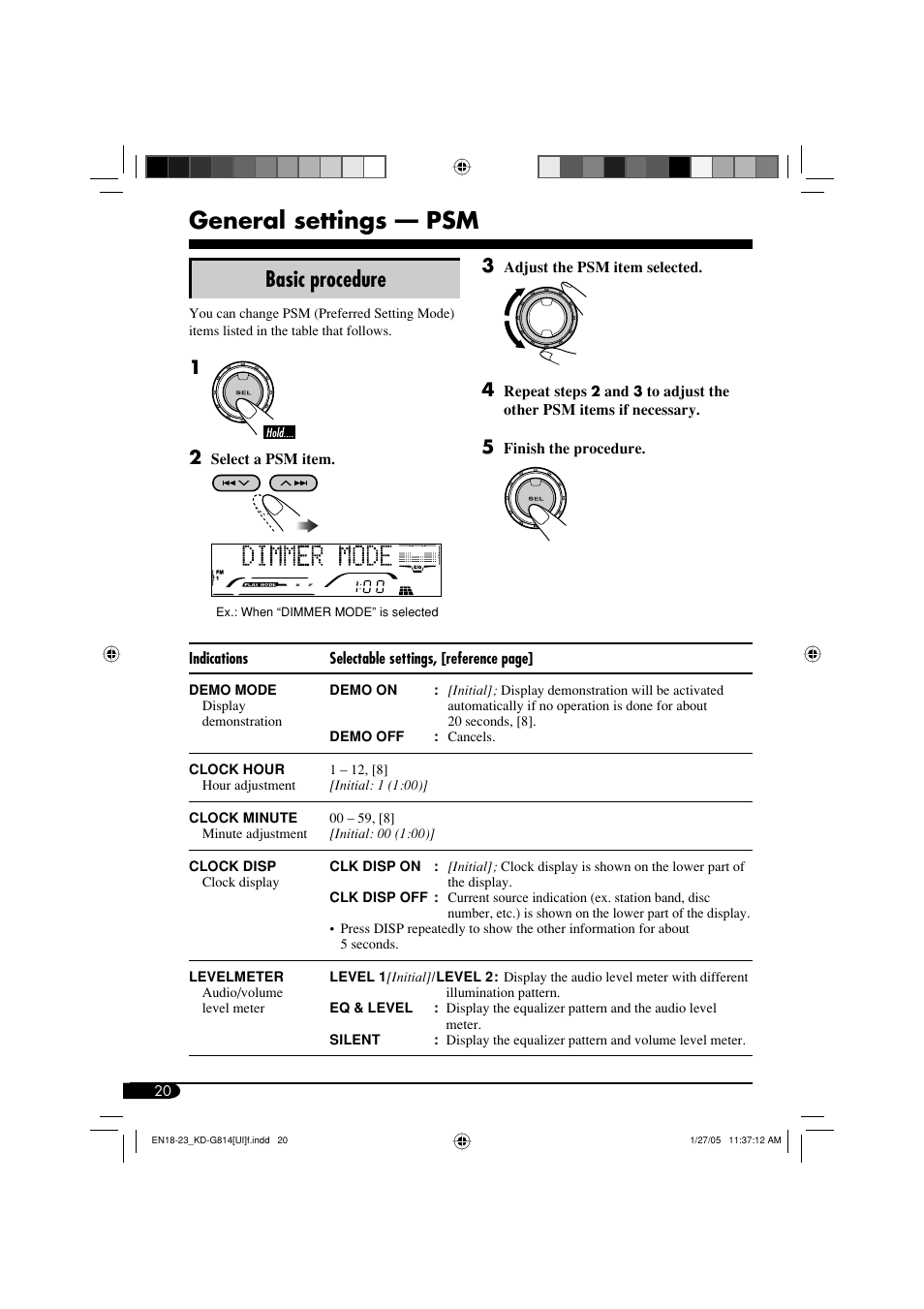 General settings — psm, Basic procedure | JVC KD-G814 User Manual | Page 20 / 34