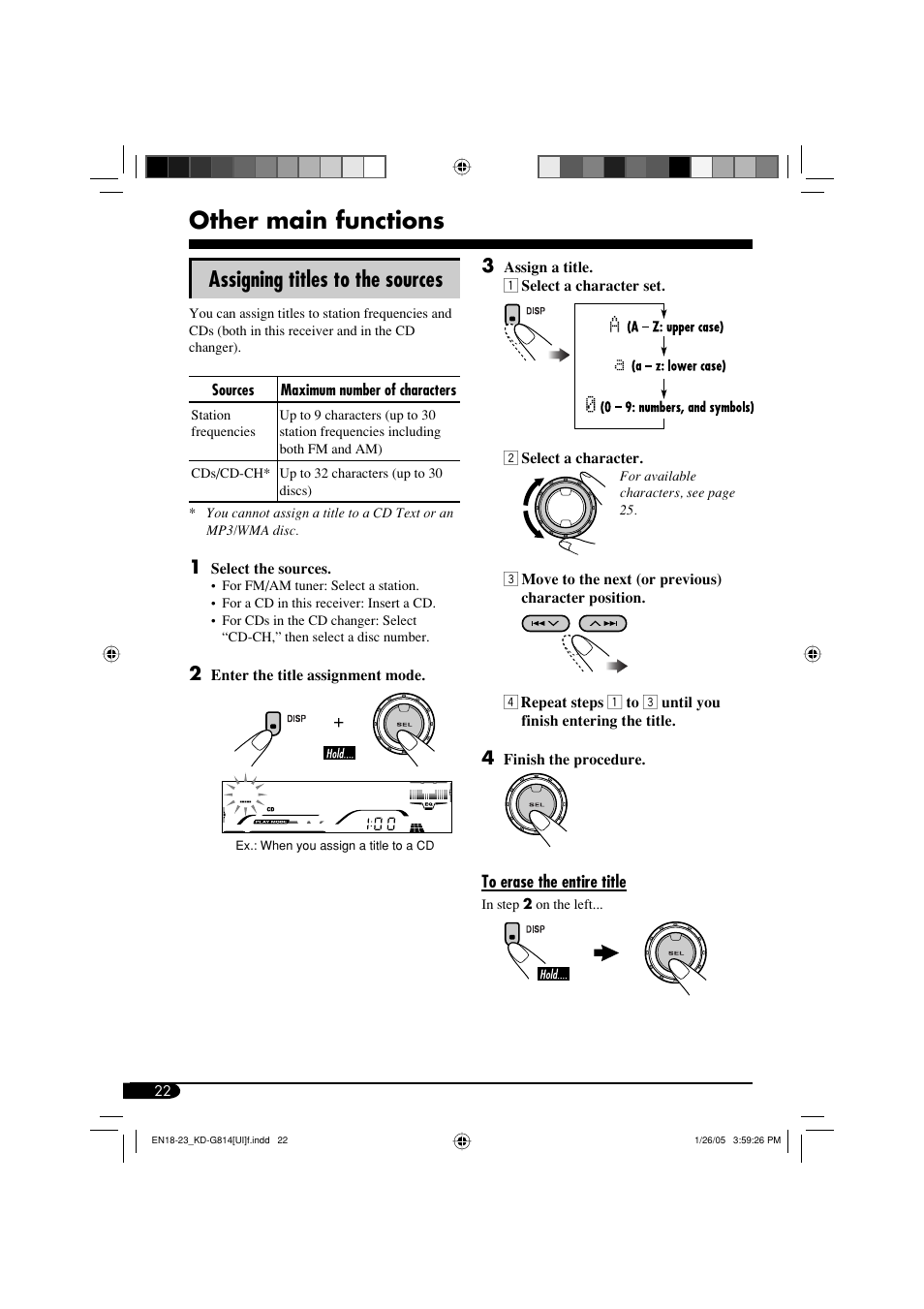 Other main functions, Assigning titles to the sources | JVC KD-G814 User Manual | Page 22 / 34