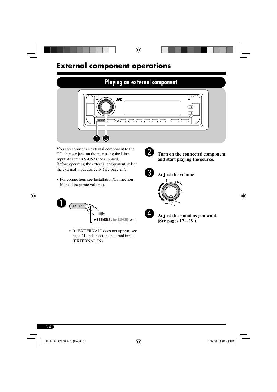 External component operations, Playing an external component | JVC KD-G814 User Manual | Page 24 / 34