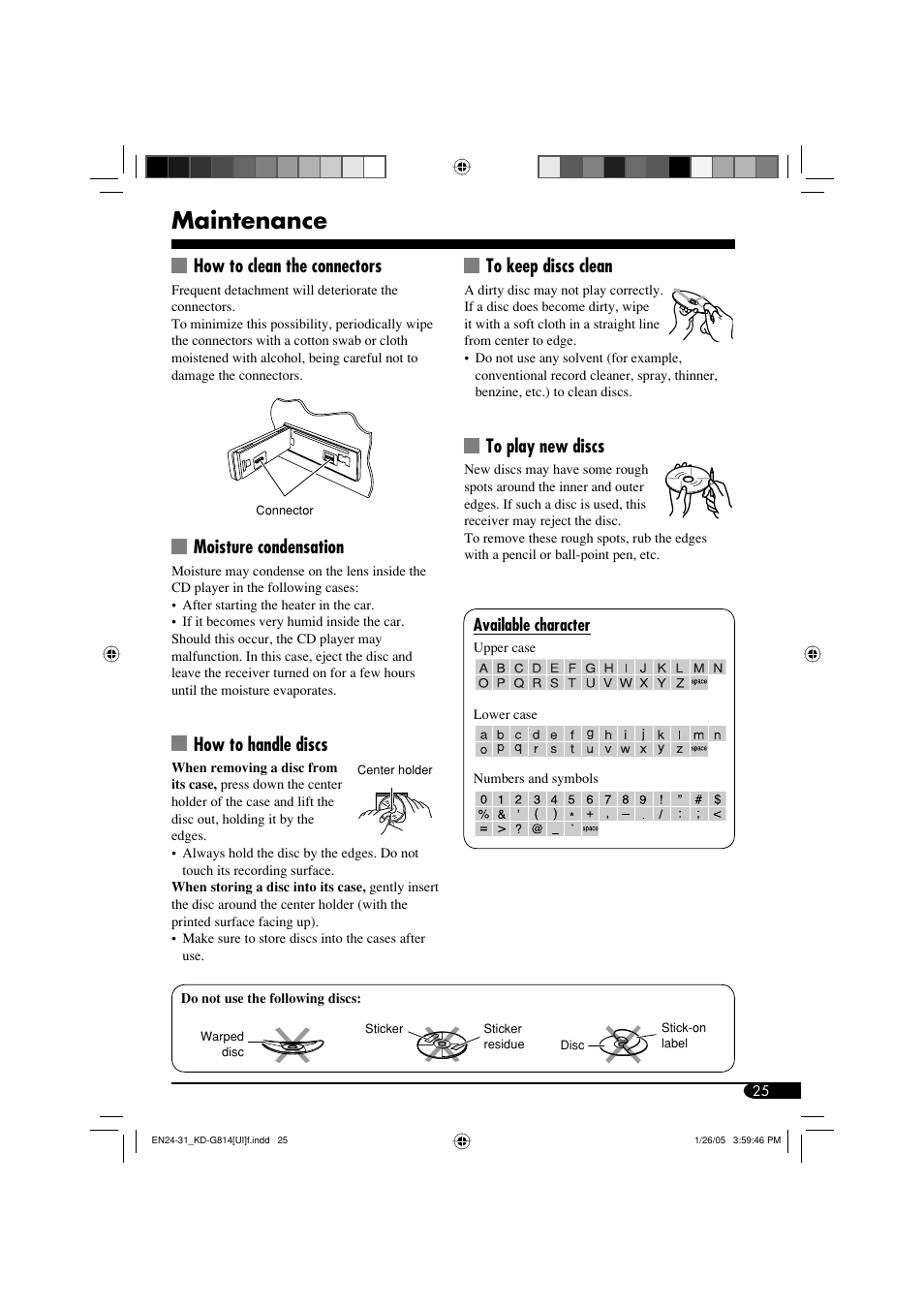 Maintenance, How to clean the connectors, Moisture condensation | How to handle discs | JVC KD-G814 User Manual | Page 25 / 34