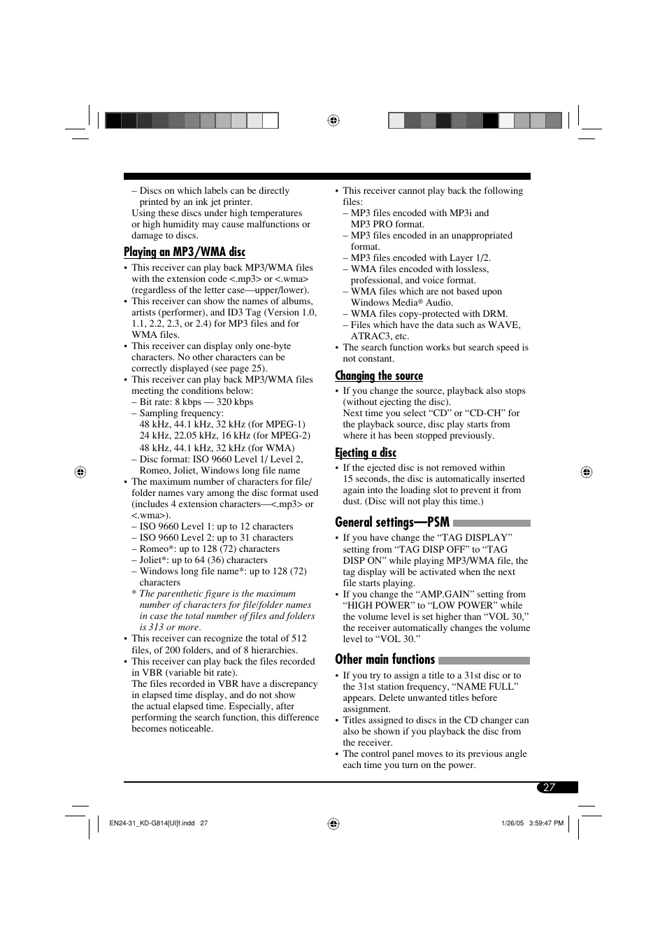 General settings—psm, Other main functions | JVC KD-G814 User Manual | Page 27 / 34