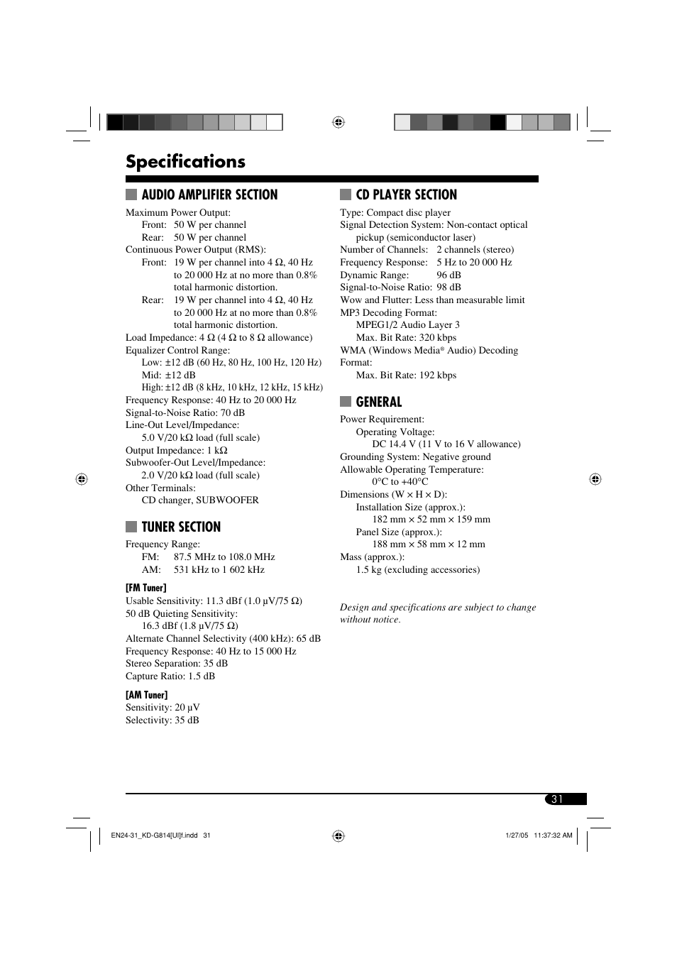 Specifications, General | JVC KD-G814 User Manual | Page 31 / 34