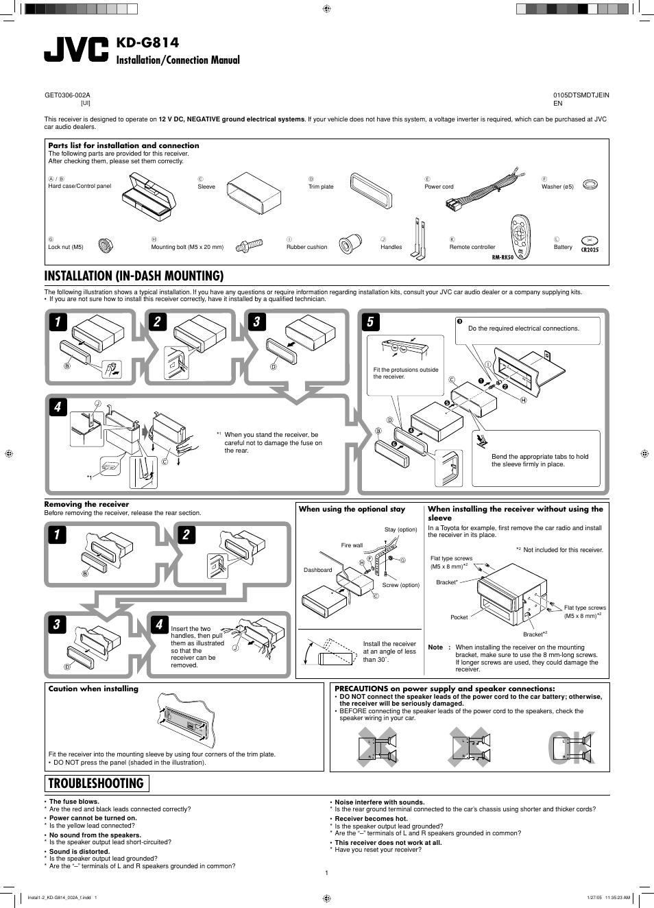 Installation/connection manual, Installation, Troubleshooting | Kd-g814, Installation (in-dash mounting) | JVC KD-G814 User Manual | Page 33 / 34