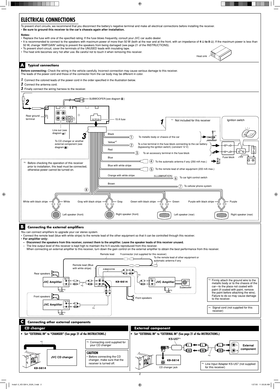 Electrical connections, Cd changer, Caution | External component | JVC KD-G814 User Manual | Page 34 / 34