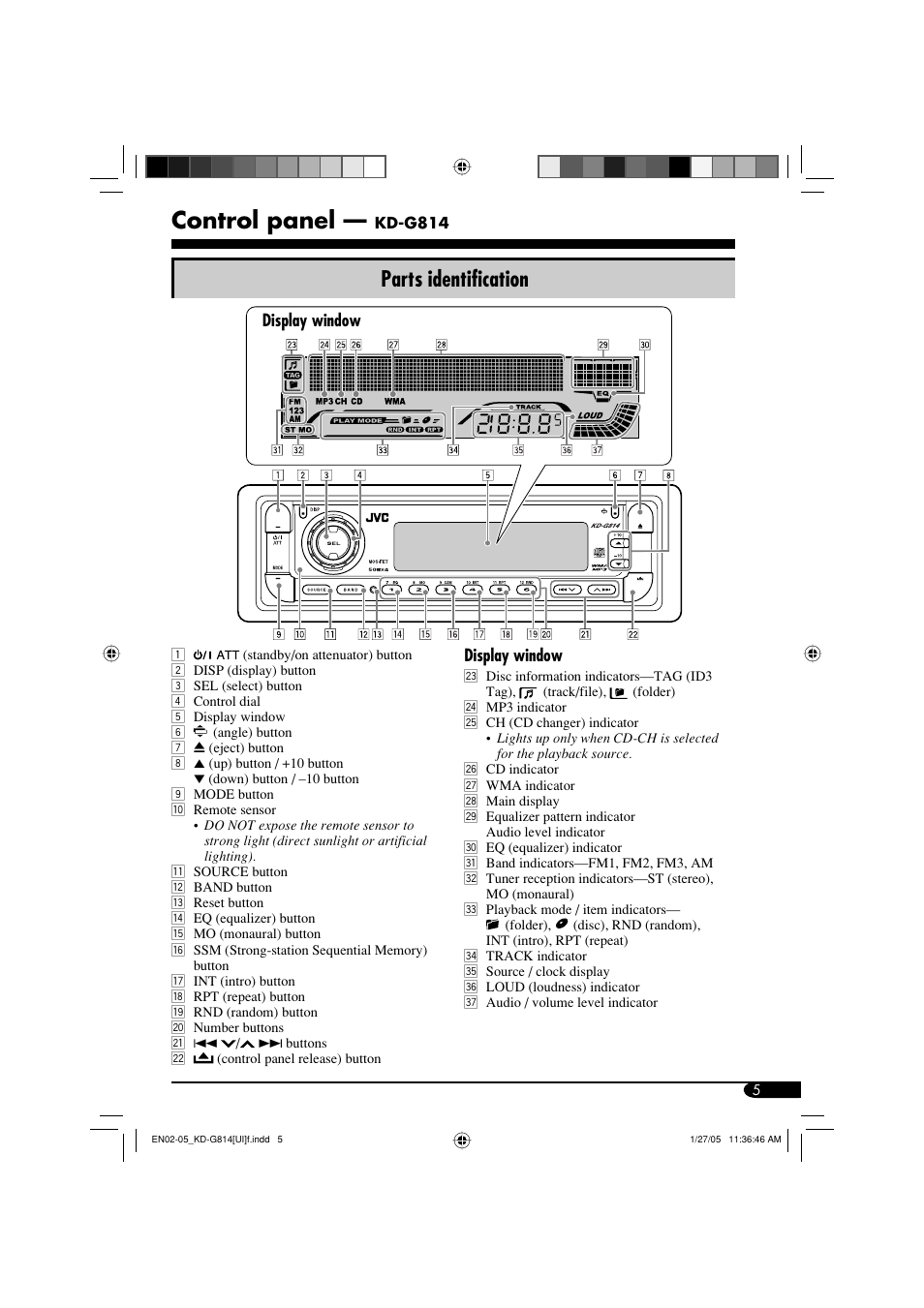 Control panel, Parts identification | JVC KD-G814 User Manual | Page 5 / 34