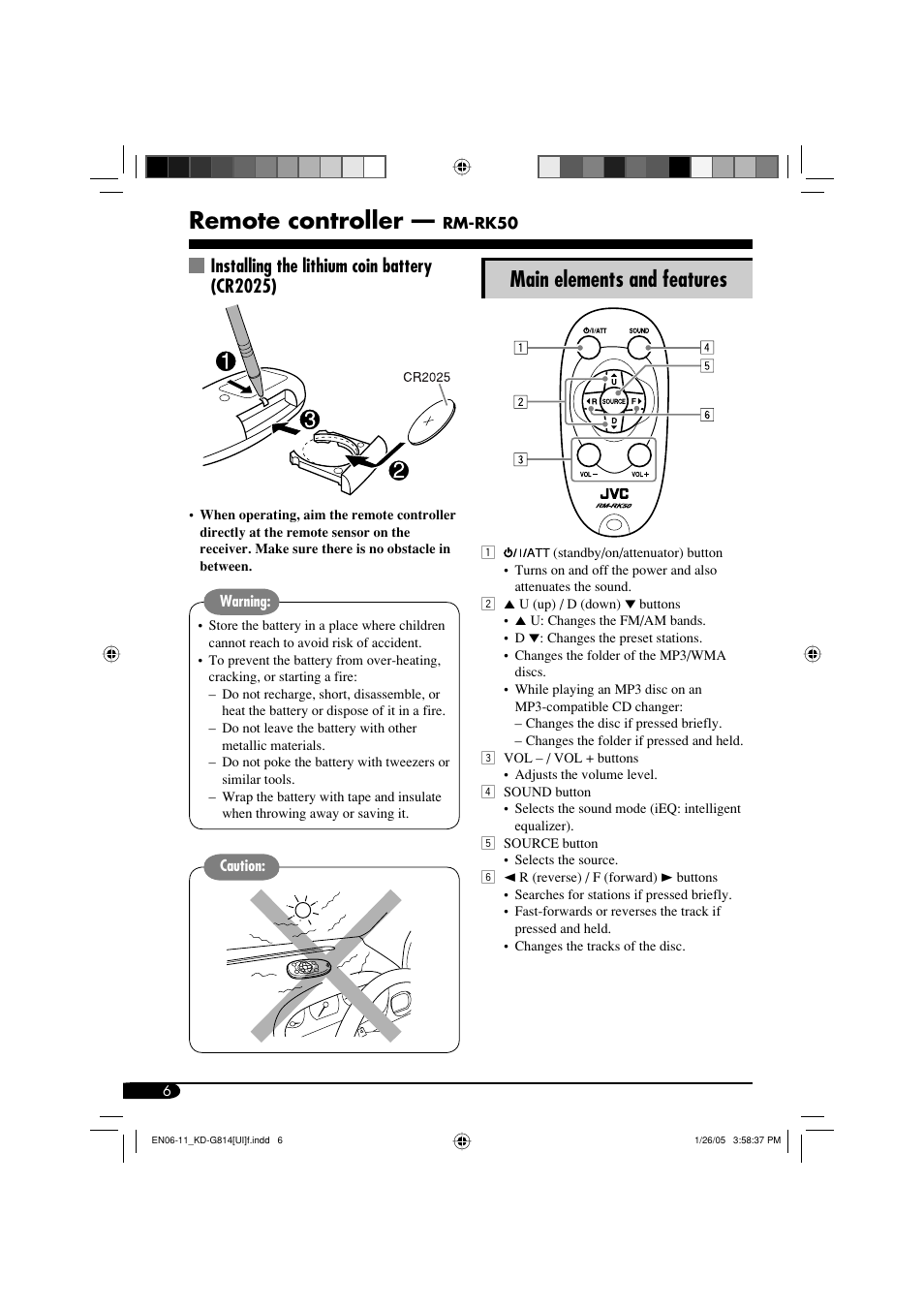 Remote controller, Main elements and features, Installing the lithium coin battery (cr2025) | JVC KD-G814 User Manual | Page 6 / 34