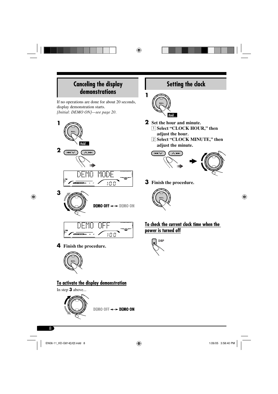 Canceling the display demonstrations, Setting the clock | JVC KD-G814 User Manual | Page 8 / 34