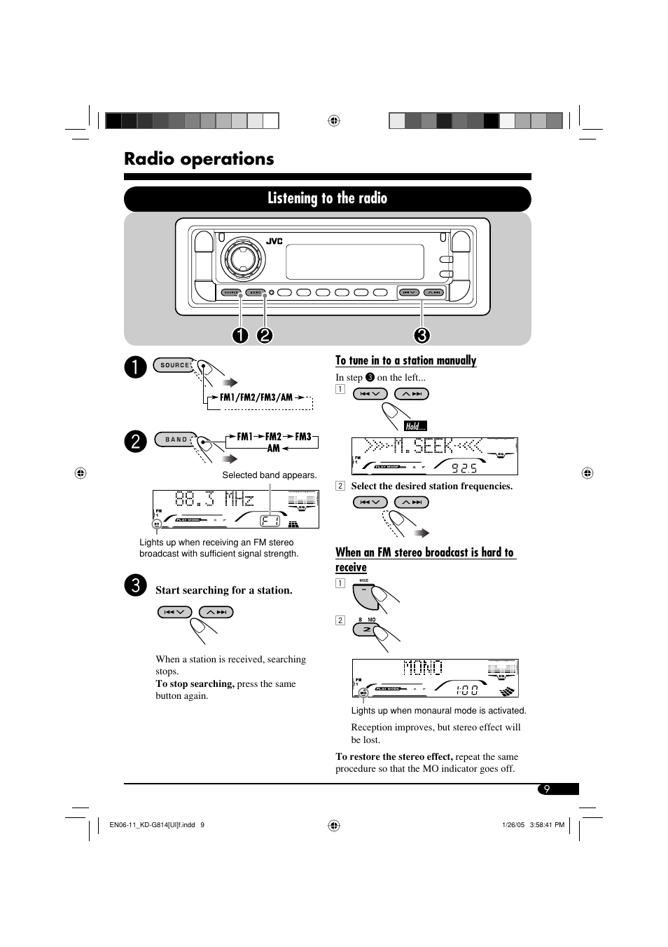 Radio operations, Listening to the radio | JVC KD-G814 User Manual | Page 9 / 34