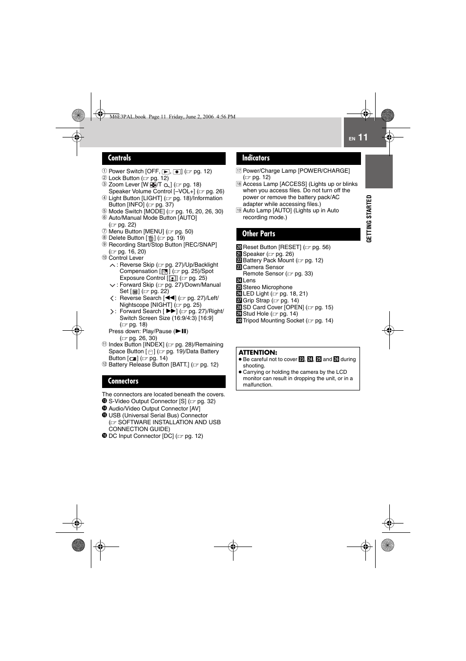 Controls, A power switch [off, , ] (z pg. 12), B lock button (z pg. 12) | C zoom lever [w /t ] (z pg. 18), E mode switch [mode] (z pg. 16, 20, 26, 30), F auto/manual mode button [auto] (z pg. 22), G menu button [menu] (z pg. 50), H delete button [] (z pg. 19), J control lever, L battery release button [batt.] (z pg. 12) | JVC Everio GZ-MG36E/EK User Manual | Page 11 / 72