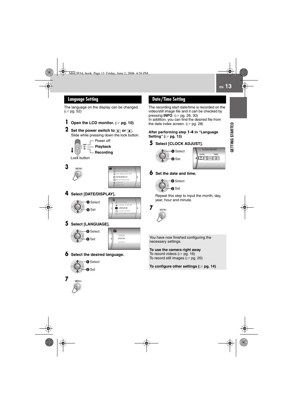 Language setting, Date/time setting, Language setting date/time setting | JVC Everio GZ-MG36E/EK User Manual | Page 13 / 72