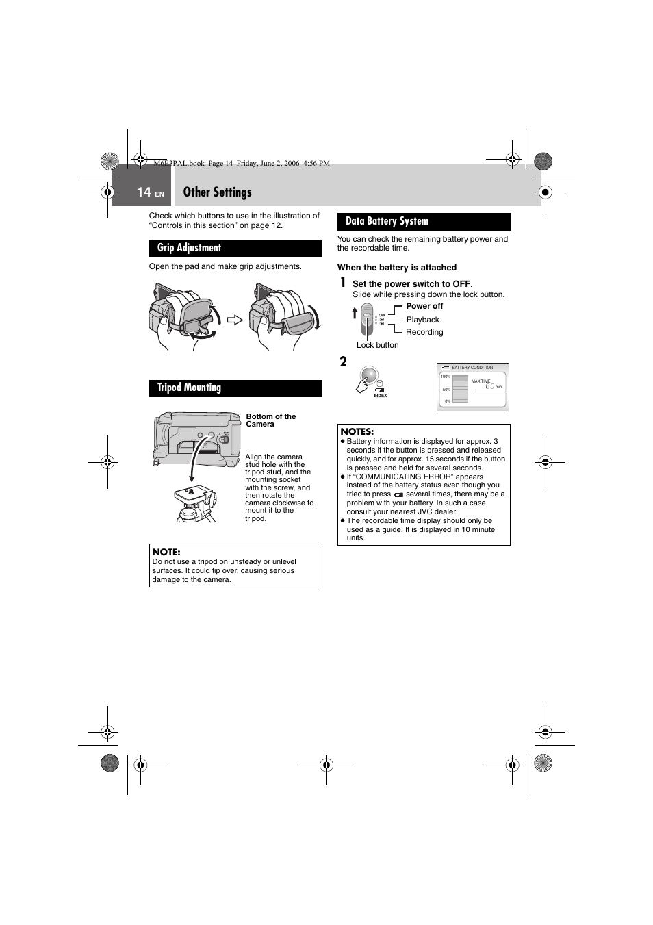 Other settings, Grip adjustment, Tripod mounting | Data battery system, Pg. 14) | JVC Everio GZ-MG36E/EK User Manual | Page 14 / 72