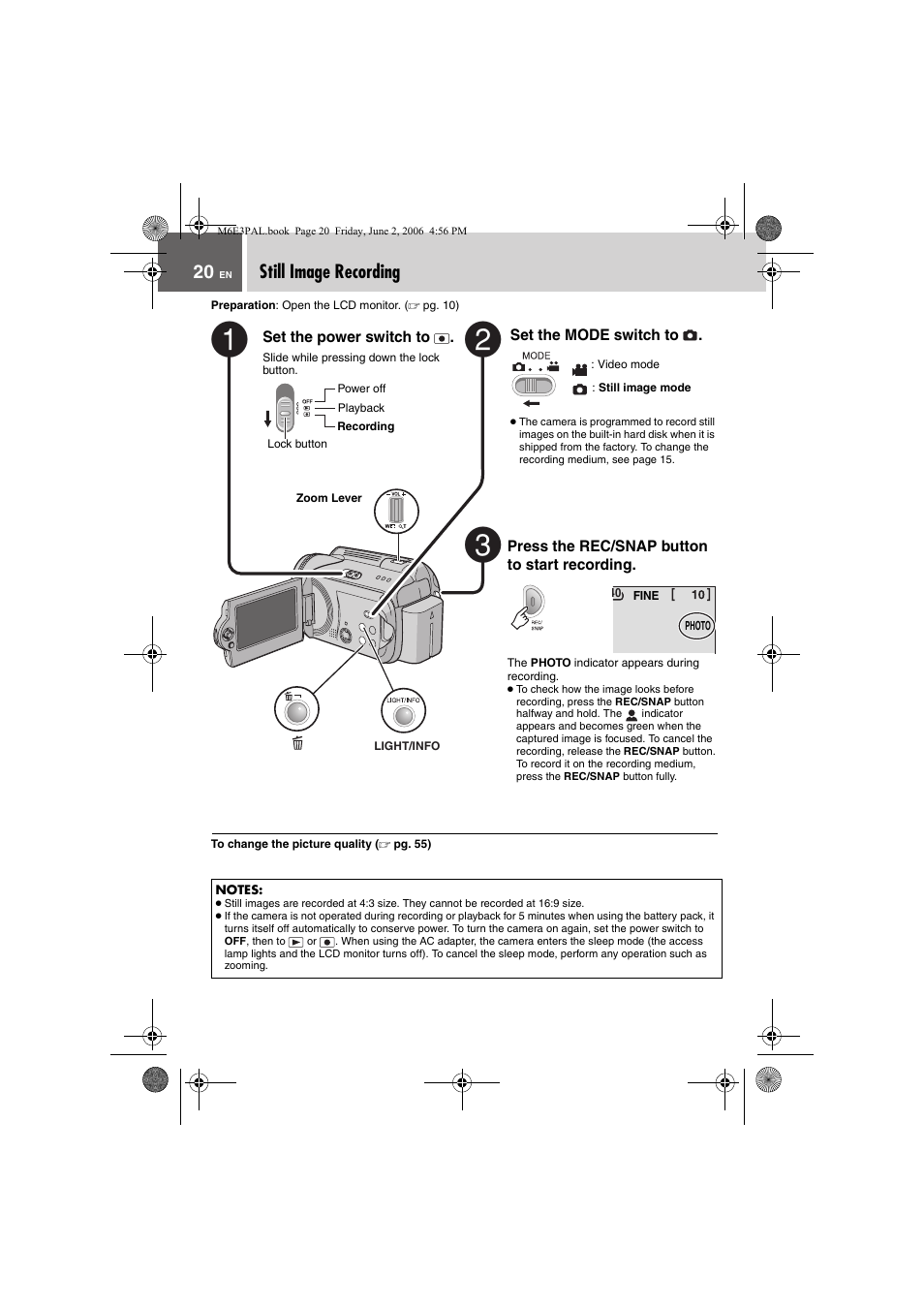Still image recording, Pg. 20) | JVC Everio GZ-MG36E/EK User Manual | Page 20 / 72