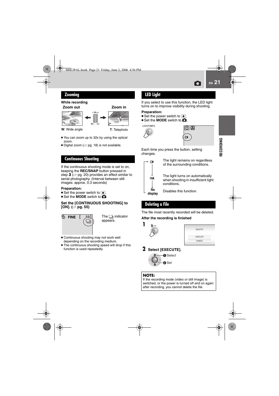 Zooming, Continuous shooting, Led light | Deleting a file | JVC Everio GZ-MG36E/EK User Manual | Page 21 / 72
