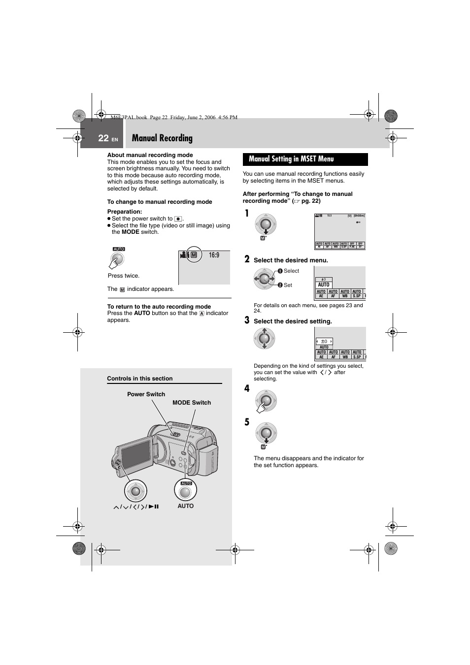 Manual recording, Manual setting in mset menu, To change to manual recording mode | Pg. 22) | JVC Everio GZ-MG36E/EK User Manual | Page 22 / 72