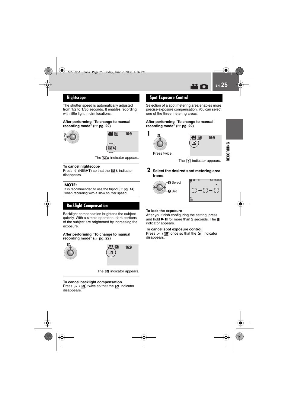 Nightscope, Backlight compensation, Spot exposure control | JVC Everio GZ-MG36E/EK User Manual | Page 25 / 72