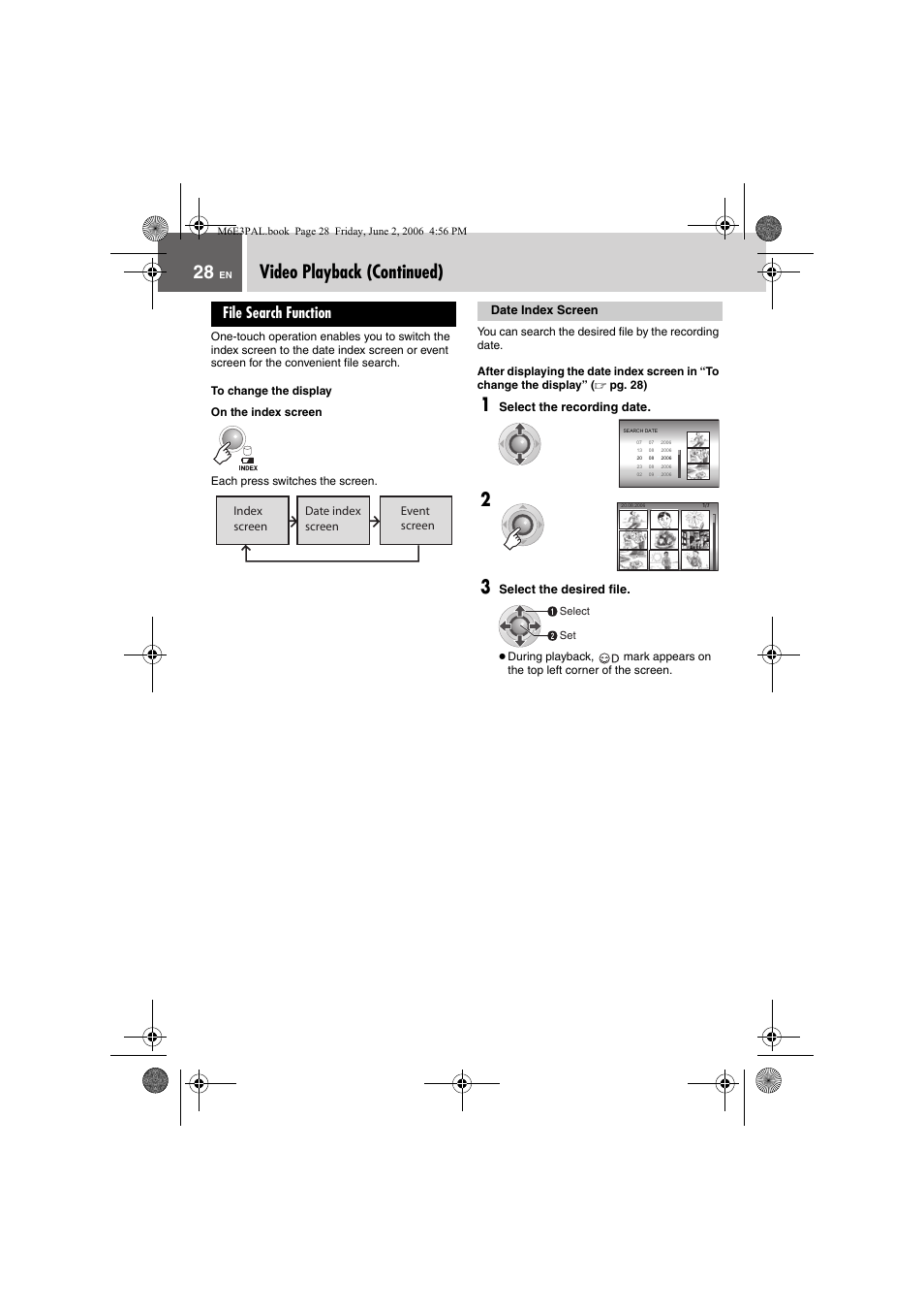 Video playback (continued), File search function, Date index screen | Pg. 28) | JVC Everio GZ-MG36E/EK User Manual | Page 28 / 72