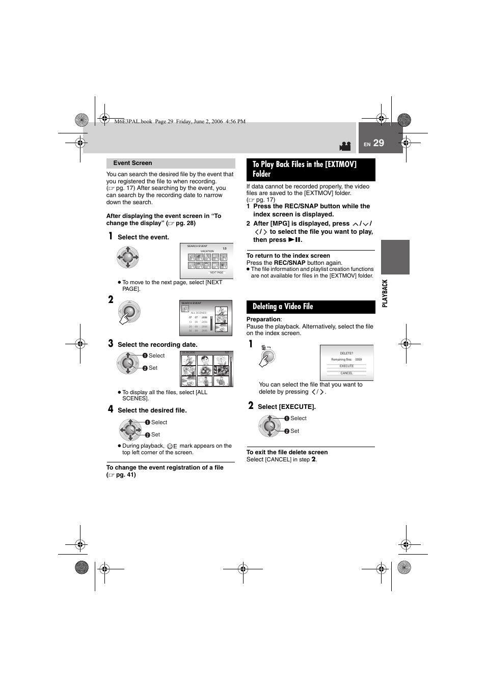 Event screen, To play back files in the [extmov] folder, Deleting a video file | Pg. 29), See “to play back files in the [extmov] folder | JVC Everio GZ-MG36E/EK User Manual | Page 29 / 72