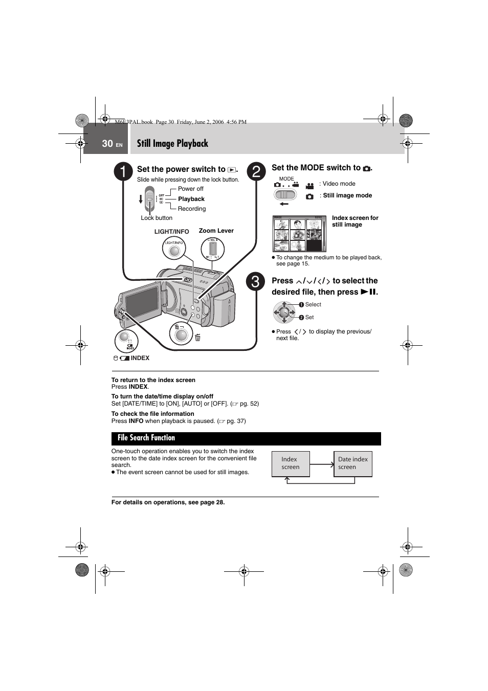Still image playback, File search function, Pg. 30) | JVC Everio GZ-MG36E/EK User Manual | Page 30 / 72