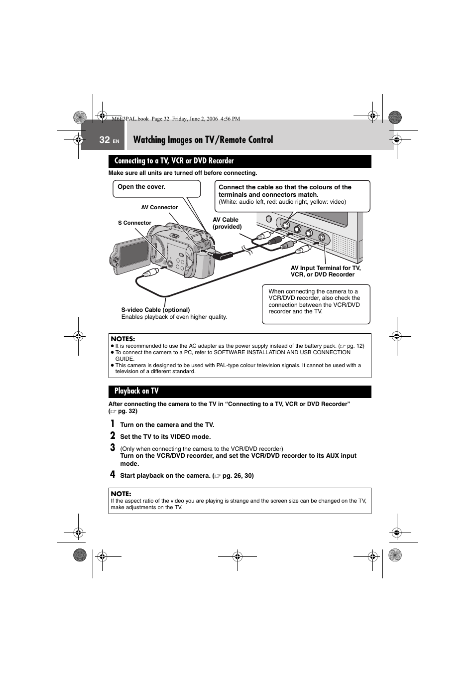 Watching images on tv/remote control, Connecting to a tv, vcr or dvd recorder, Playback on tv | Pg. 32) | JVC Everio GZ-MG36E/EK User Manual | Page 32 / 72