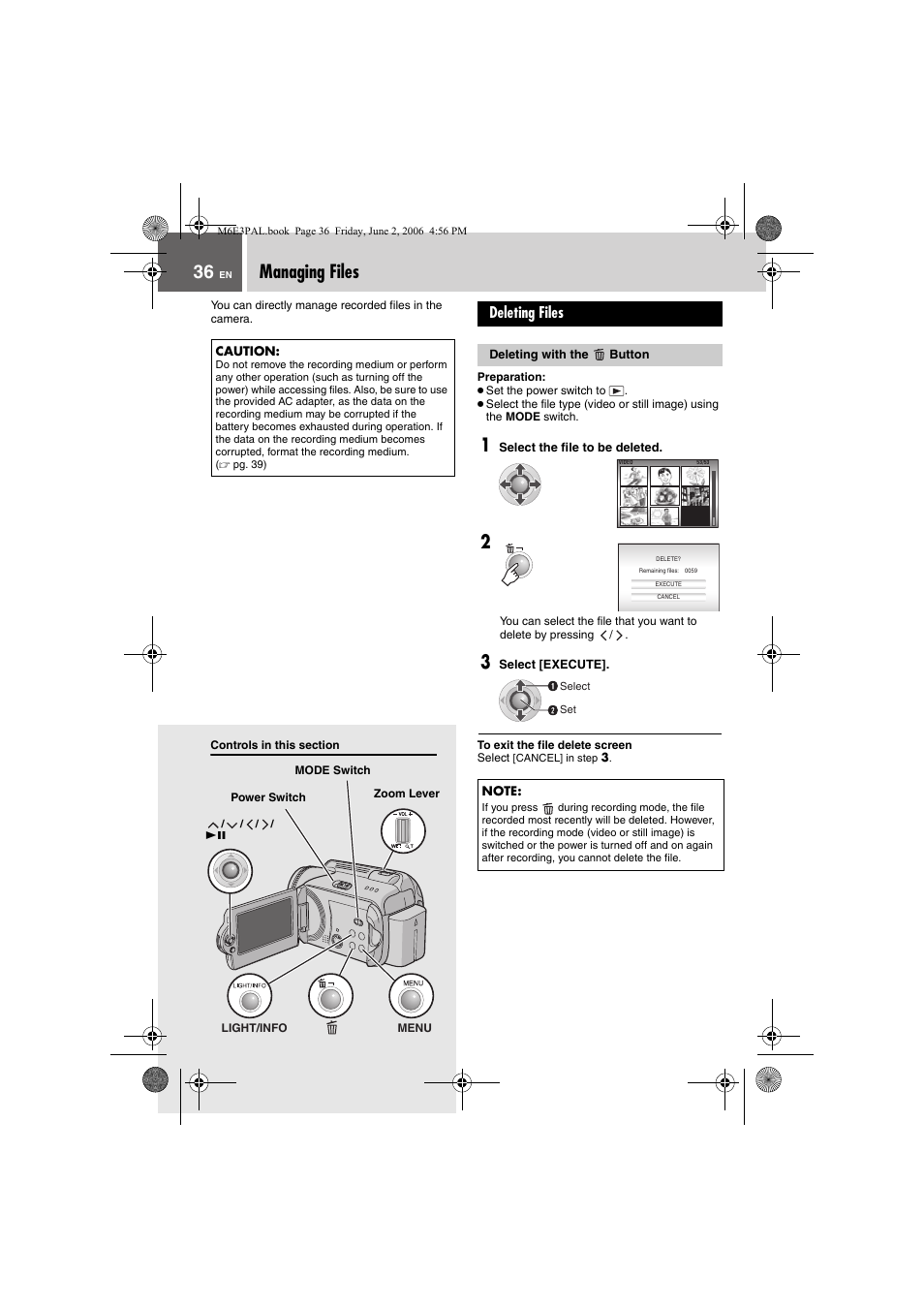 Managing files, Deleting files, Deleting with the button | JVC Everio GZ-MG36E/EK User Manual | Page 36 / 72