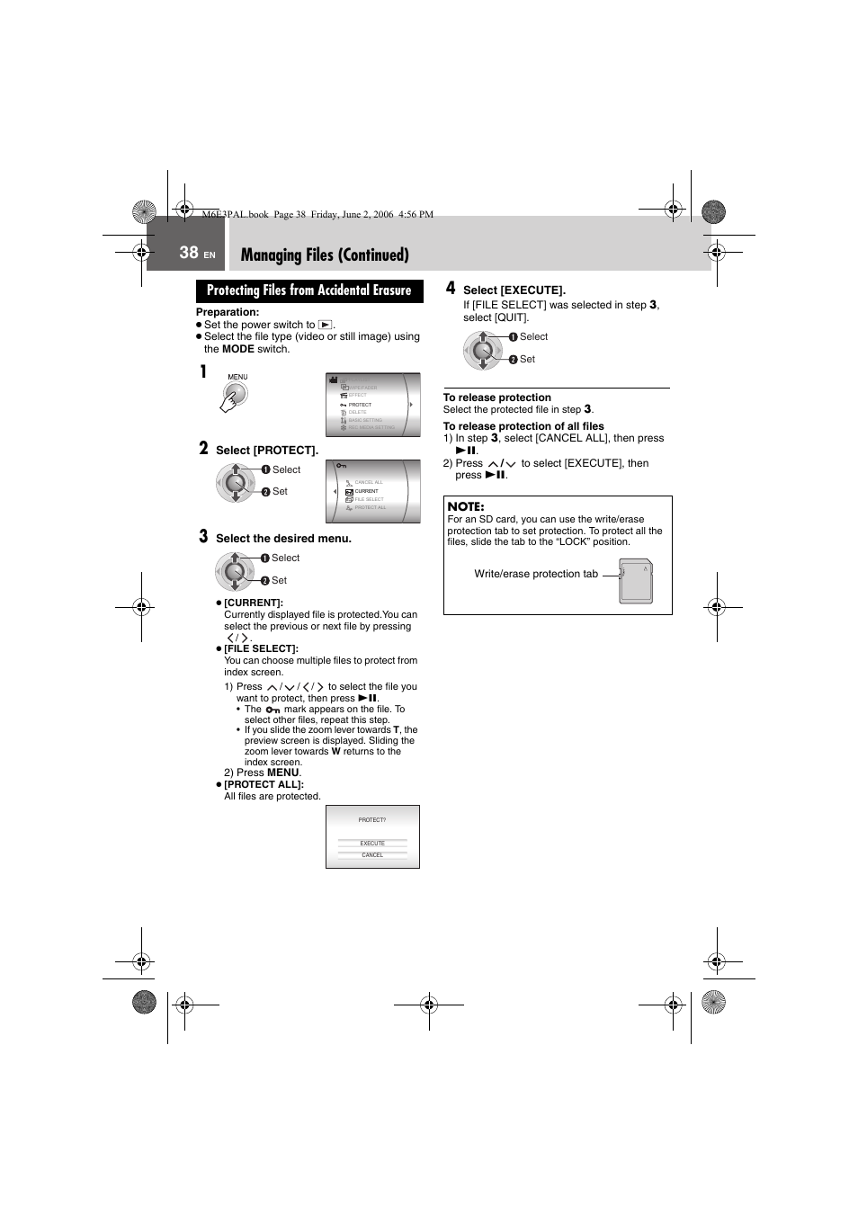 Managing files (continued), Protecting files from accidental erasure, 2) press menu | 1) in step 3, select [cancel all], then press 49, 2) press / to select [execute], then press 49, Pg. 38) | JVC Everio GZ-MG36E/EK User Manual | Page 38 / 72