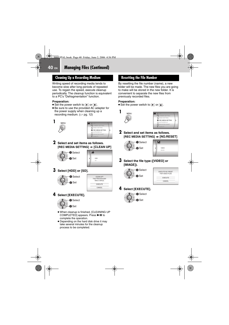 Managing files (continued), Cleaning up a recording medium, Resetting the file number | JVC Everio GZ-MG36E/EK User Manual | Page 40 / 72