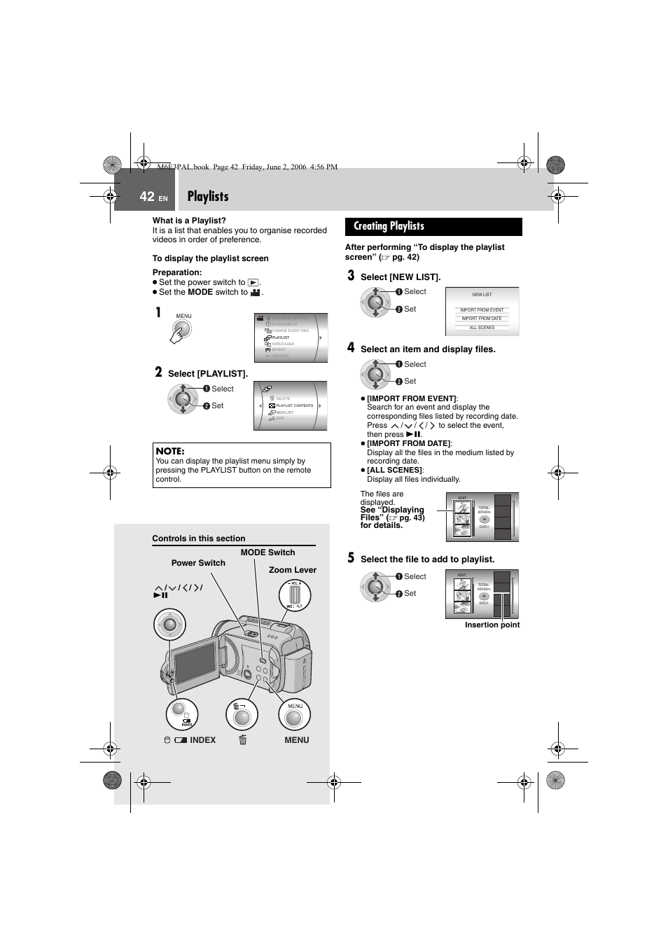 Playlists, Creating playlists | JVC Everio GZ-MG36E/EK User Manual | Page 42 / 72