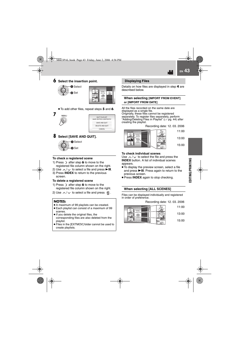 2) use / to select a file and press 49, 3) press index to return to the previous screen, 2) use / to select a file and press | Displaying files, When selecting [all scenes, Pg. 43) | JVC Everio GZ-MG36E/EK User Manual | Page 43 / 72