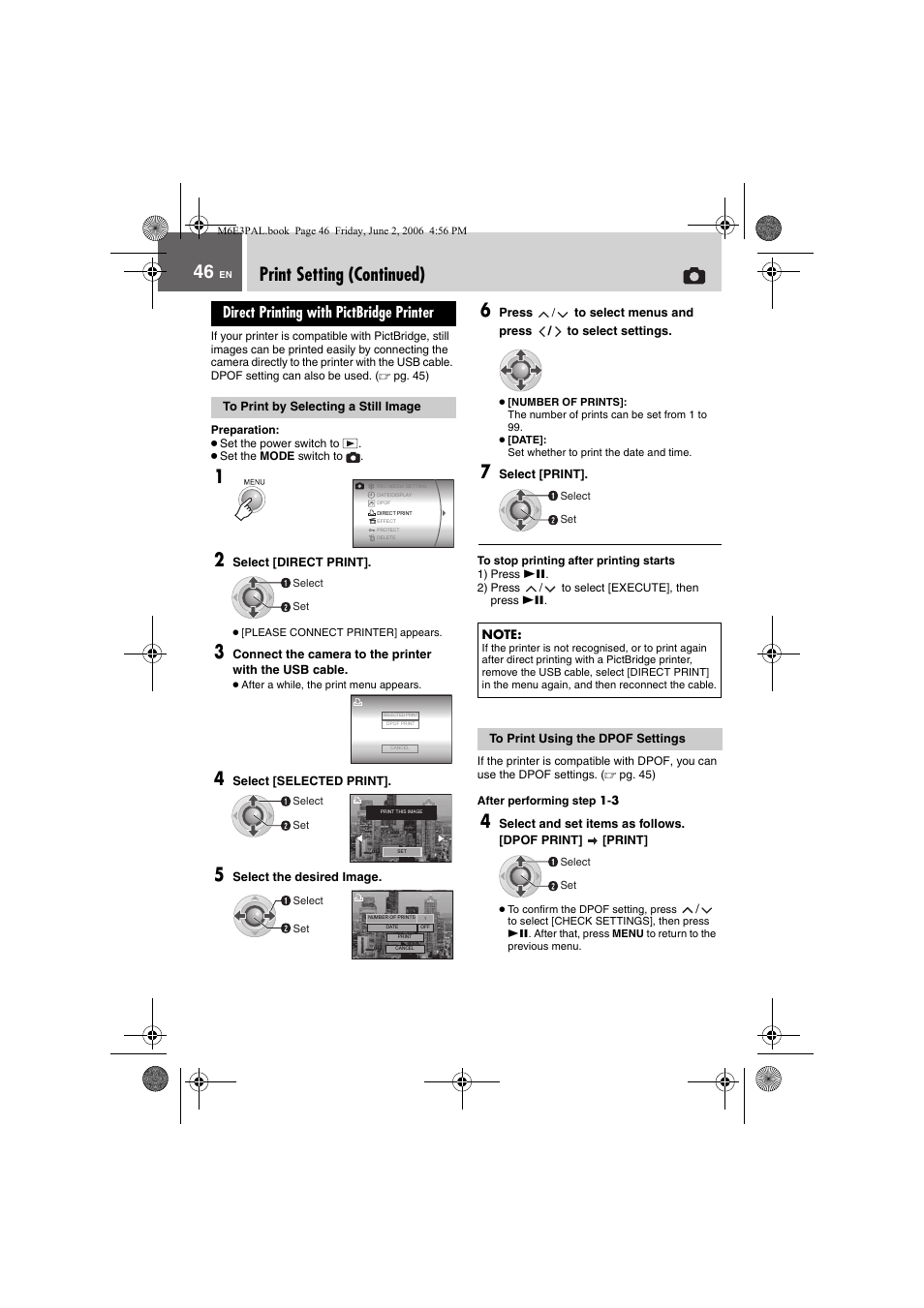 Print setting (continued), Direct printing with pictbridge printer, To print by selecting a still image | 1) press 49, 2) press / to select [execute], then press 49, To print using the dpof settings, Pg. 46) | JVC Everio GZ-MG36E/EK User Manual | Page 46 / 72