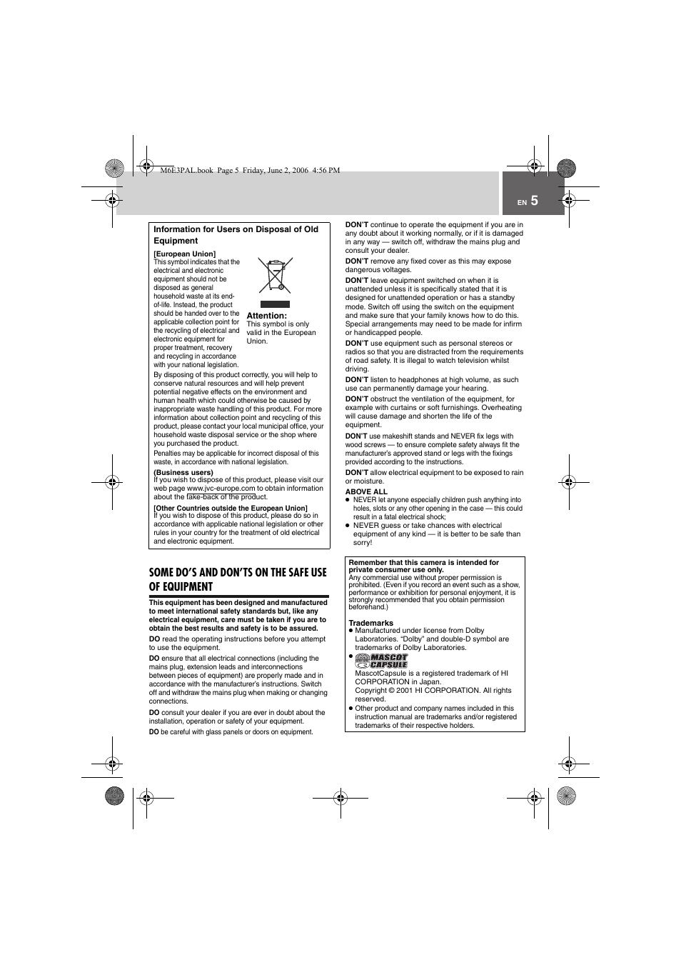 Information for users on disposal of old equipment, Attention, Some do’s and don’ts on the safe use of equipment | JVC Everio GZ-MG36E/EK User Manual | Page 5 / 72