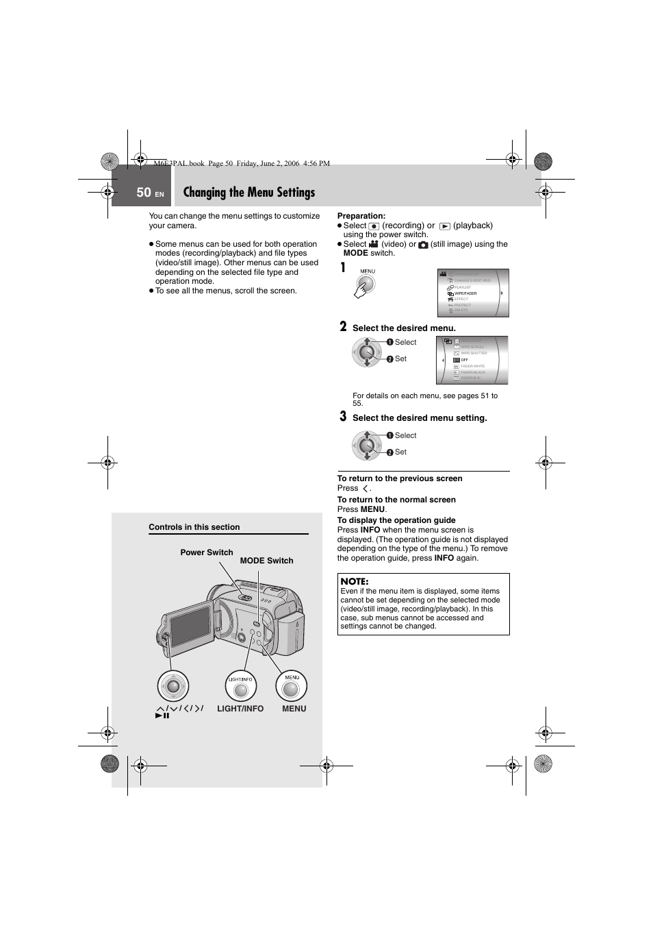 Changing the menu settings | JVC Everio GZ-MG36E/EK User Manual | Page 50 / 72