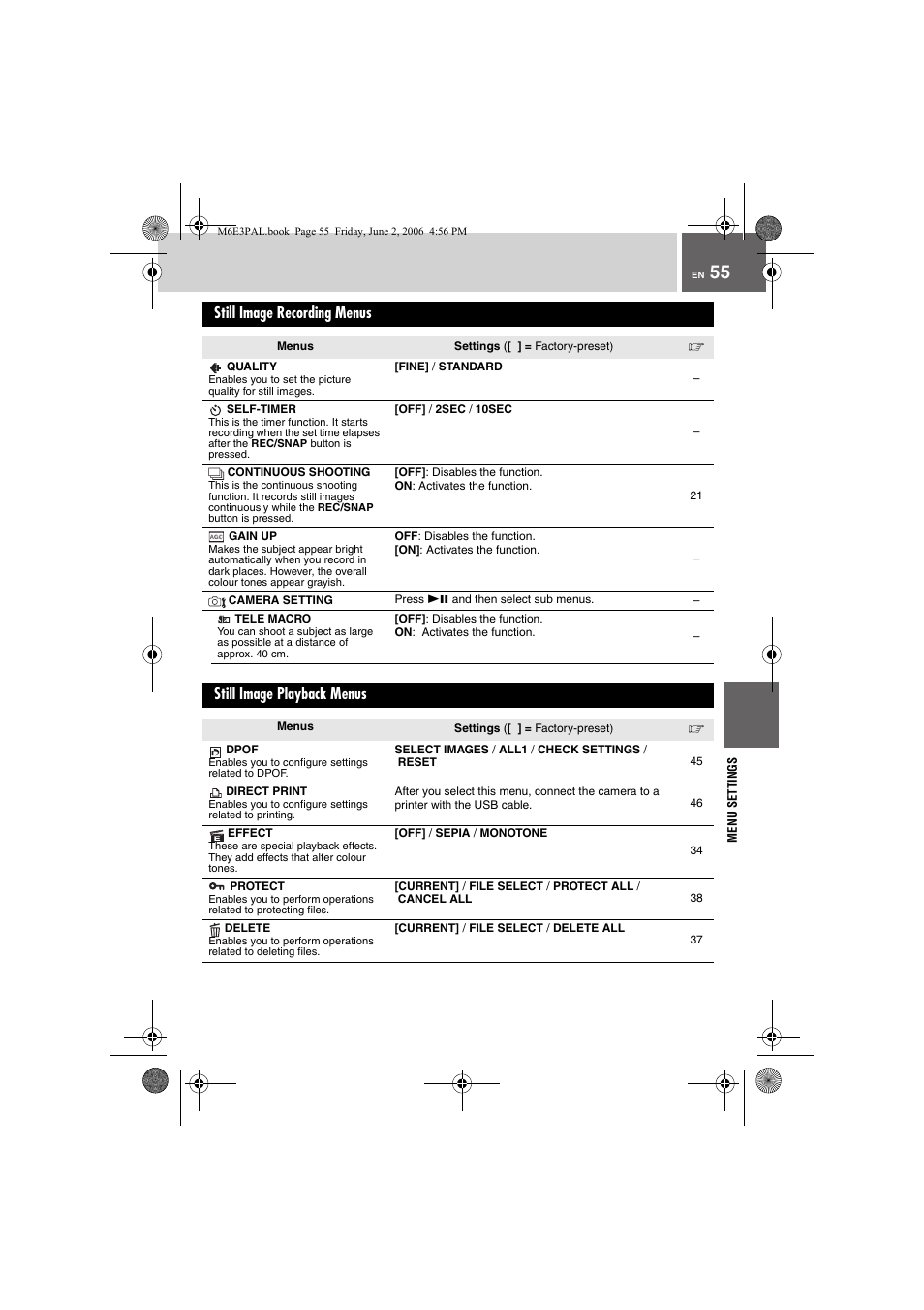 Still image recording menus, Still image playback menus, Pg. 55) | JVC Everio GZ-MG36E/EK User Manual | Page 55 / 72