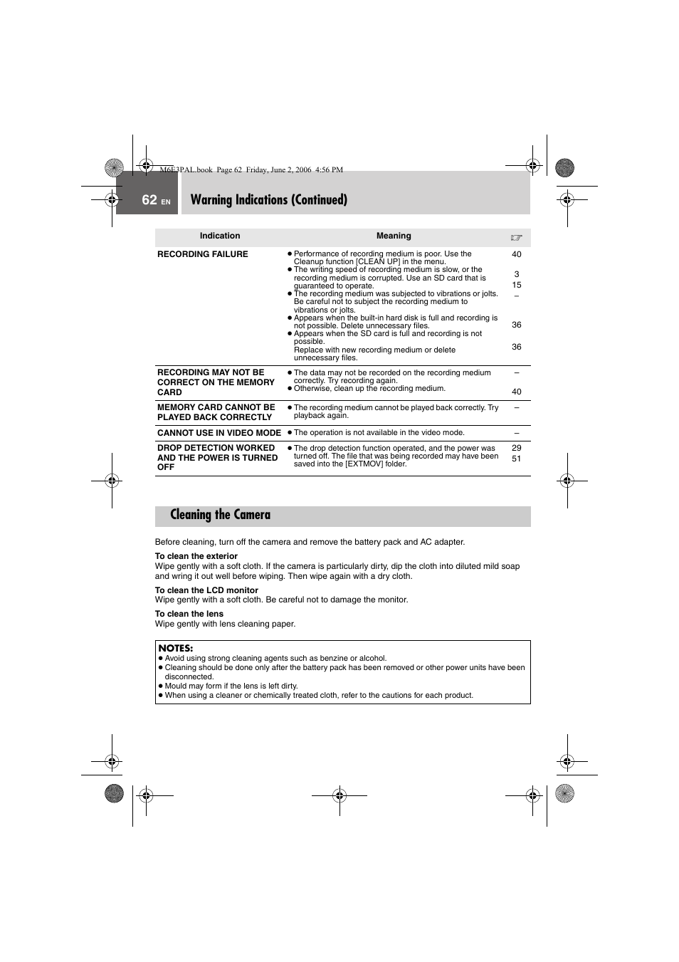 Warning indications (continued), Cleaning the camera | JVC Everio GZ-MG36E/EK User Manual | Page 62 / 72