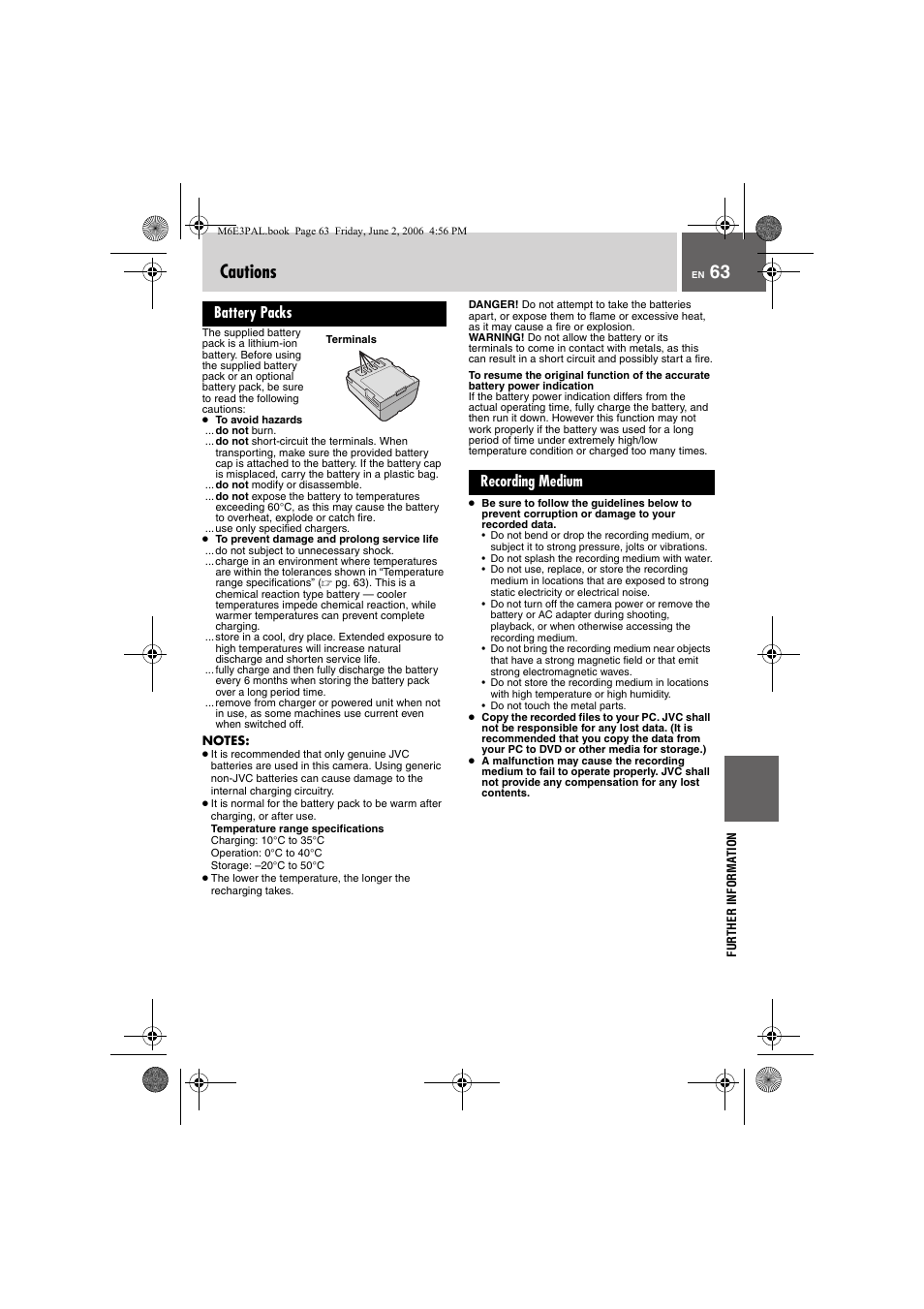 Cautions, Battery packs, Recording medium | 63 cautions | JVC Everio GZ-MG36E/EK User Manual | Page 63 / 72