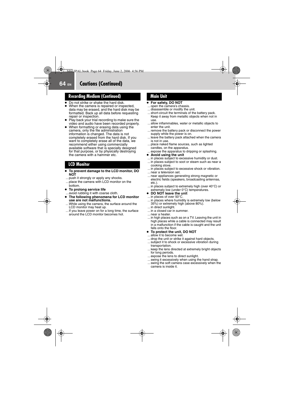 Cautions (continued), Recording medium (continued), Lcd monitor | Main unit, Recording medium (continued) lcd monitor main unit | JVC Everio GZ-MG36E/EK User Manual | Page 64 / 72