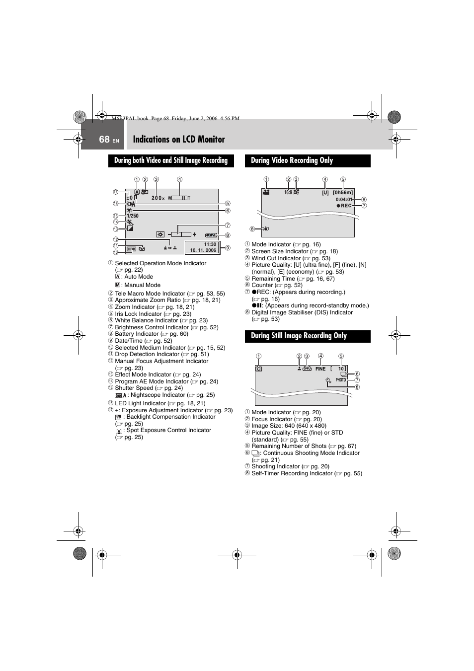 Indications on lcd monitor, During both video and still image recording, A selected operation mode indicator (z pg. 22) | B tele macro mode indicator (z pg. 53, 55), C approximate zoom ratio (z pg. 18, 21), D zoom indicator (z pg. 18, 21), E iris lock indicator (z pg. 23), F white balance indicator (z pg. 23), G brightness control indicator (z pg. 52), H battery indicator (z pg. 60) | JVC Everio GZ-MG36E/EK User Manual | Page 68 / 72