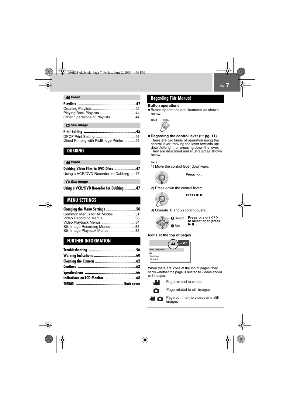 Dubbing, Menu settings, Further information | Regarding this manual | JVC Everio GZ-MG36E/EK User Manual | Page 7 / 72