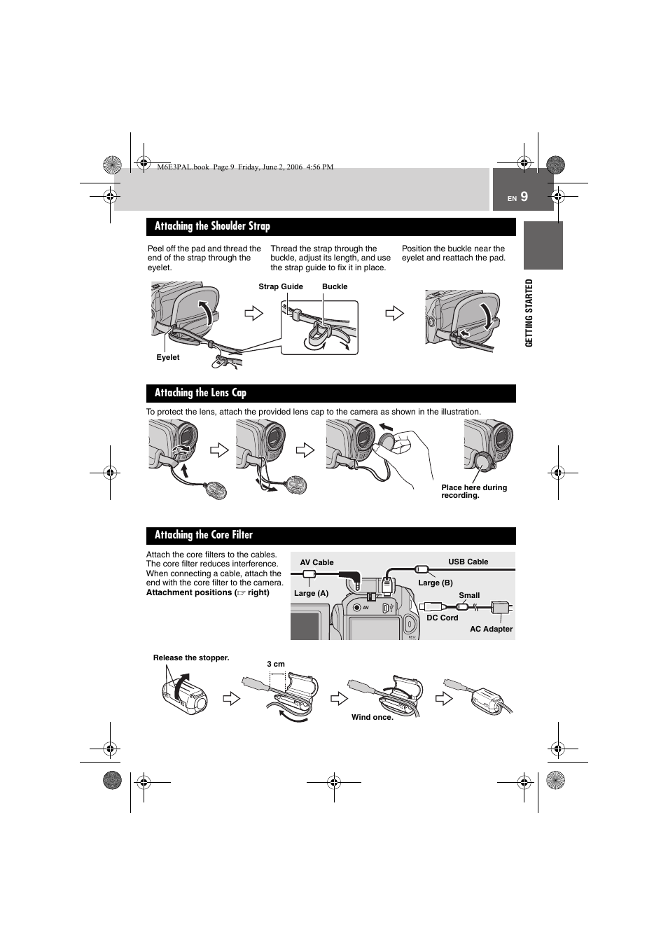 Attaching the shoulder strap, Attaching the lens cap, Attaching the core filter | Pg. 9) | JVC Everio GZ-MG36E/EK User Manual | Page 9 / 72