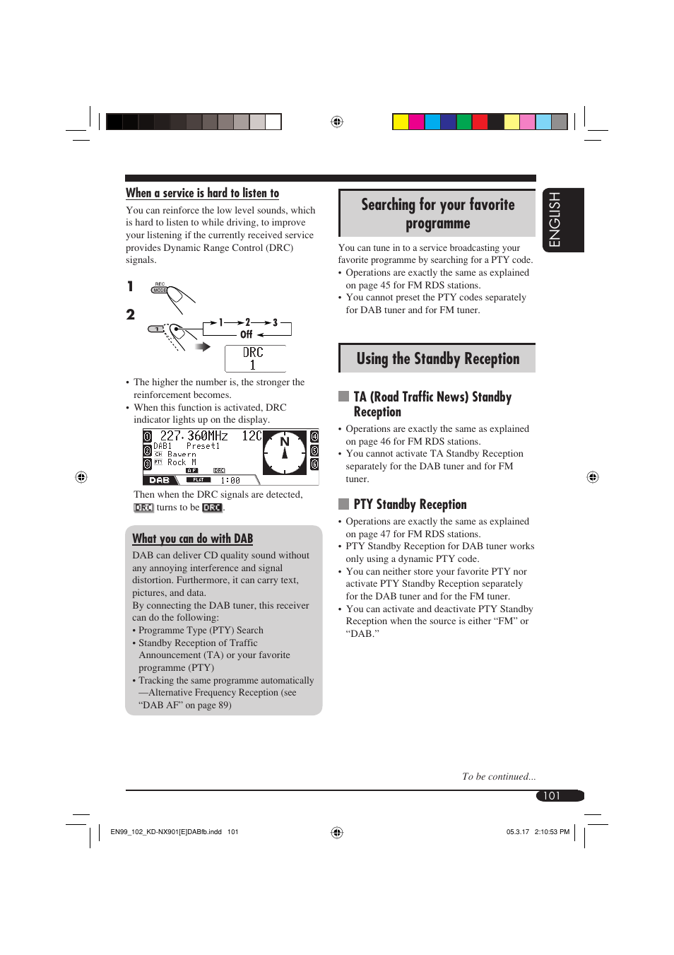 Searching for your favorite programme, Using the standby reception, English | Ta (road traffic news) standby reception, Pty standby reception | JVC KD-NX901 User Manual | Page 101 / 129