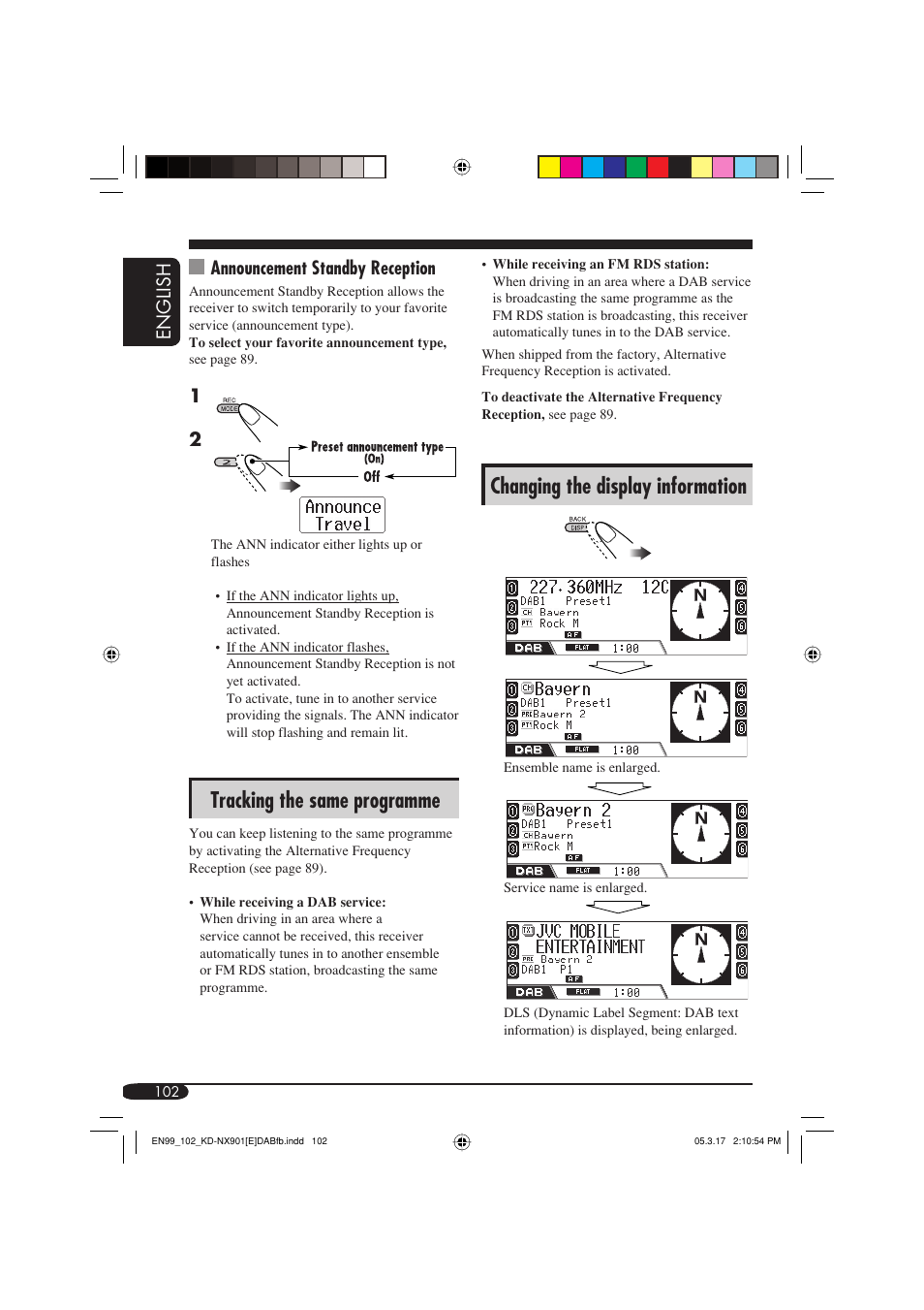 Changing the display information, Tracking the same programme, English | Announcement standby reception | JVC KD-NX901 User Manual | Page 102 / 129