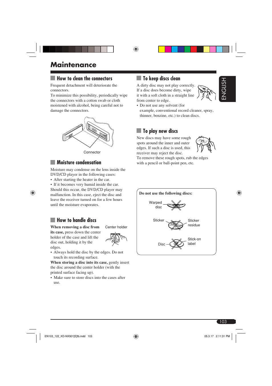 Maintenance, English to keep discs clean, How to clean the connectors | Moisture condensation, How to handle discs | JVC KD-NX901 User Manual | Page 103 / 129