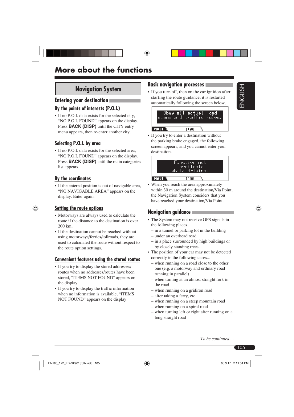 More about the functions, Navigation system, English | Entering your destination, Basic navigation processes, Navigation guidance | JVC KD-NX901 User Manual | Page 105 / 129