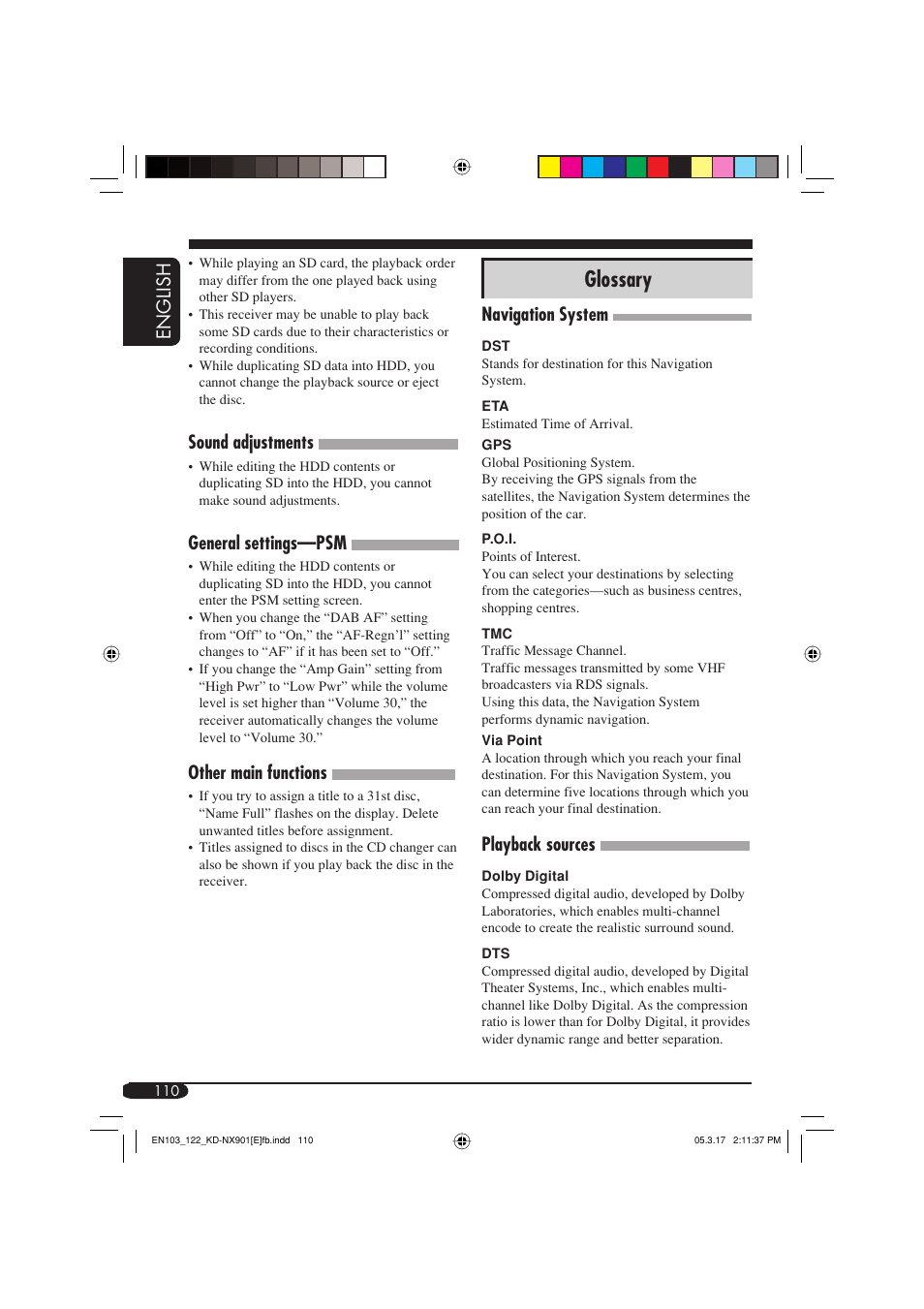 Glossary, English, Navigation system | Playback sources, Sound adjustments, General settings—psm, Other main functions | JVC KD-NX901 User Manual | Page 110 / 129