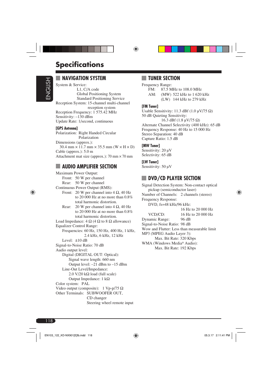 Specifications, English, Navigation system | JVC KD-NX901 User Manual | Page 118 / 129