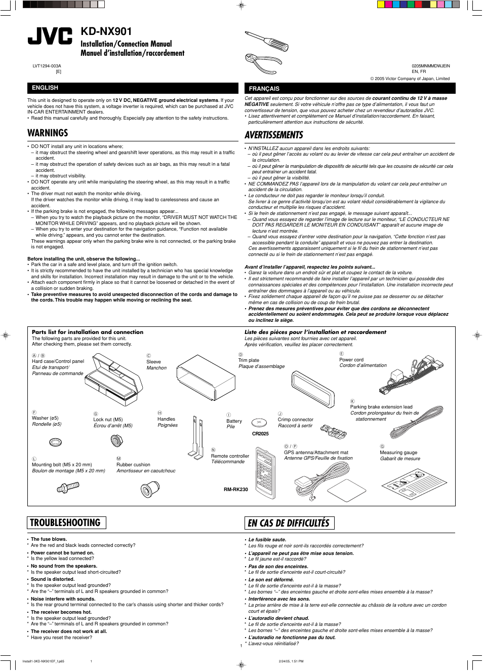 Installation/connection manual, Warnings, Troubleshooting | Kd-nx901, Avertissements, En cas de difficultés | JVC KD-NX901 User Manual | Page 124 / 129